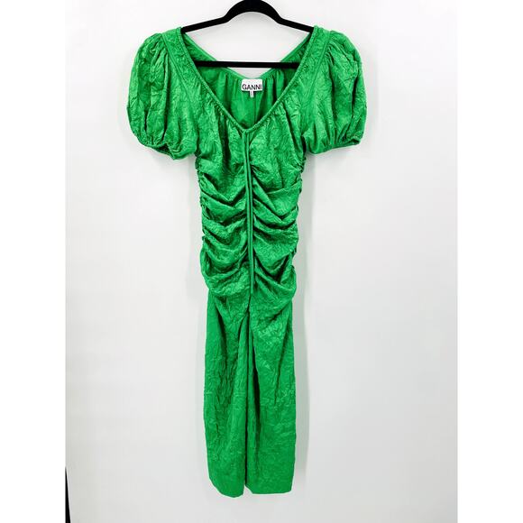 GANNI EU 38 green ruched puff shoulder holiday Midi Dress - Picture 3 of 10